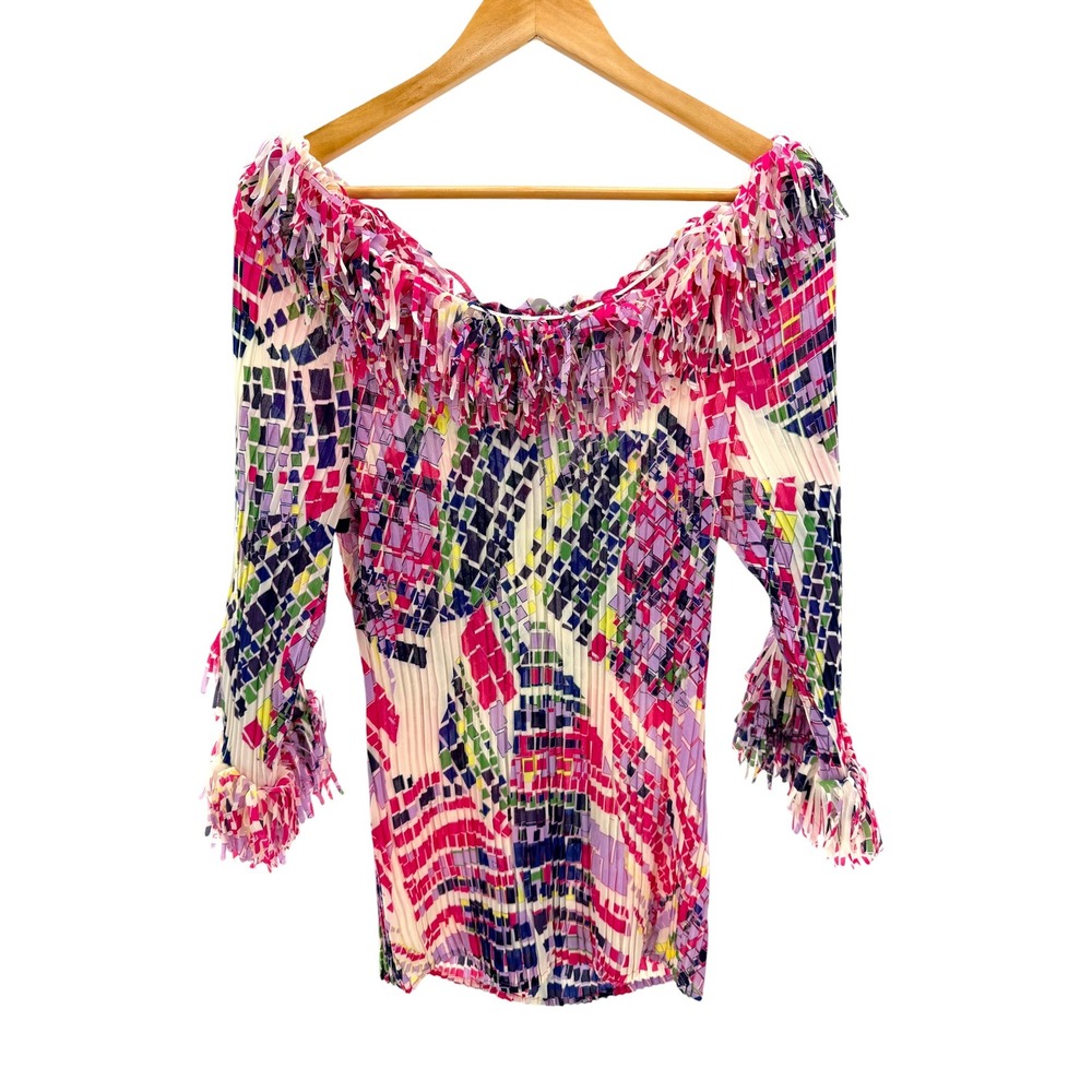 Agora Plisse Fringe Blouse M Multicolor Geometric Mosaic Pleated Party Top Bold